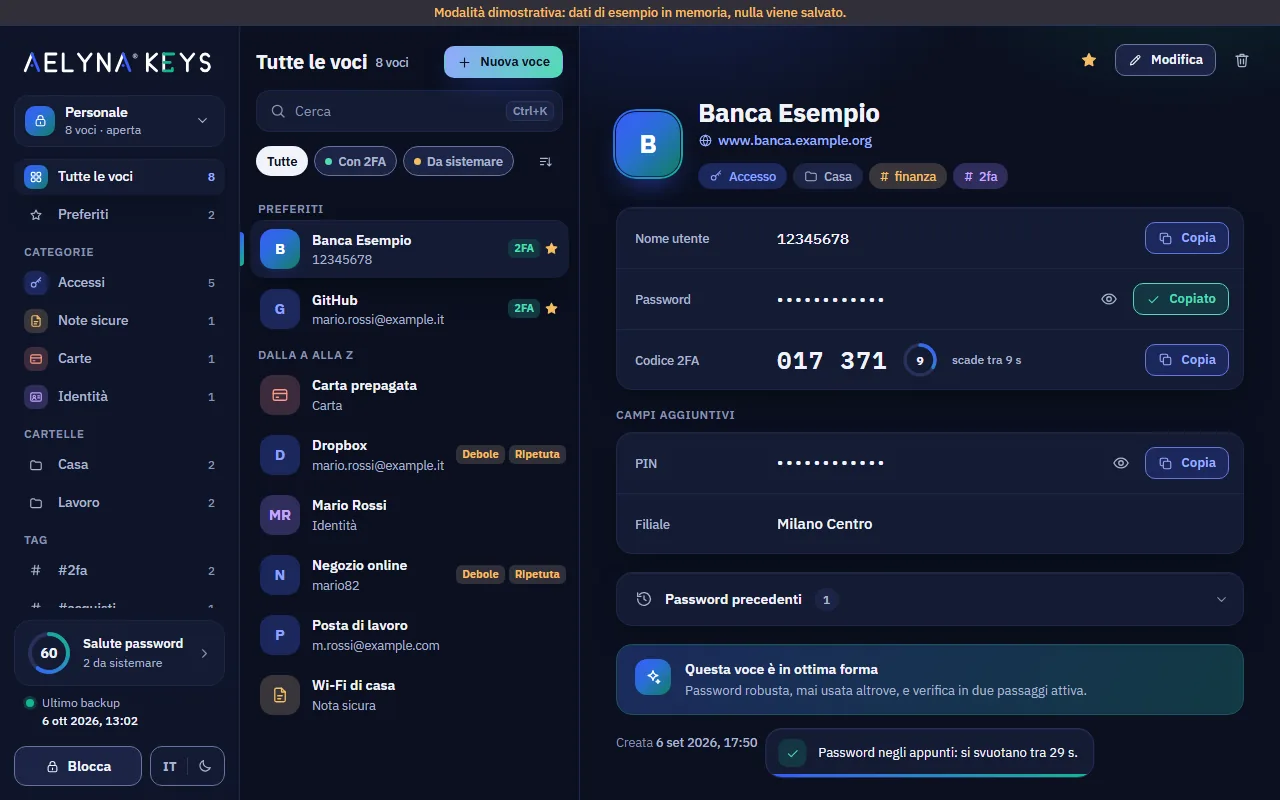 Open vault: sidebar with categories and password health, list of items and details of a login with a 2FA code and the clipboard notice.