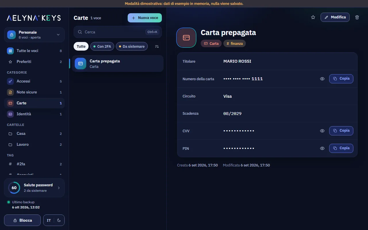 Payment card: number hidden except the last 4 digits, CVV and PIN with Show and Copy.