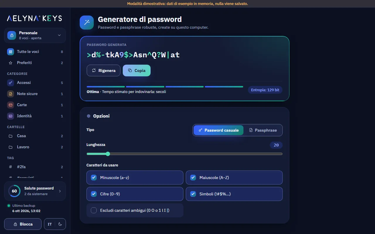 Password generator: result with coloured digits and symbols, strength, entropy and options.
