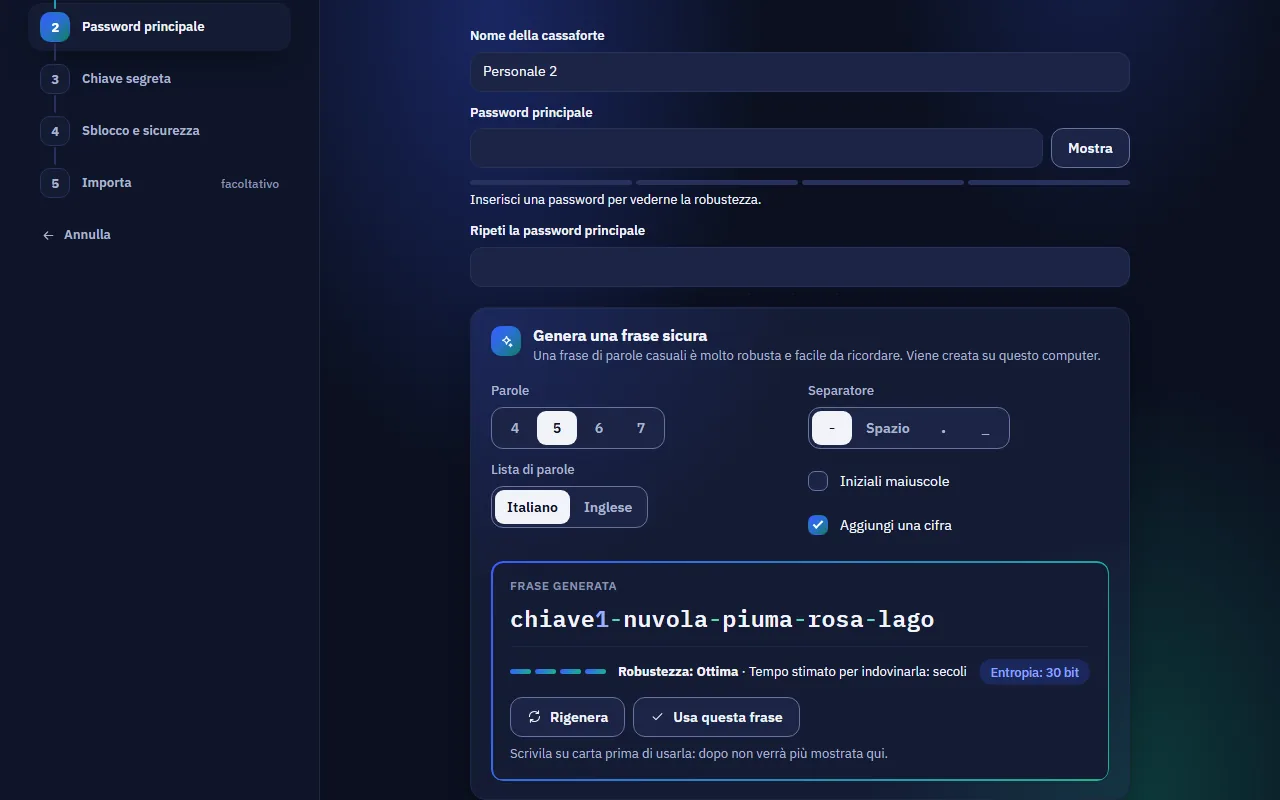 First launch, step 2: the Generate a strong passphrase panel with words, separator and the generated phrase in large type.